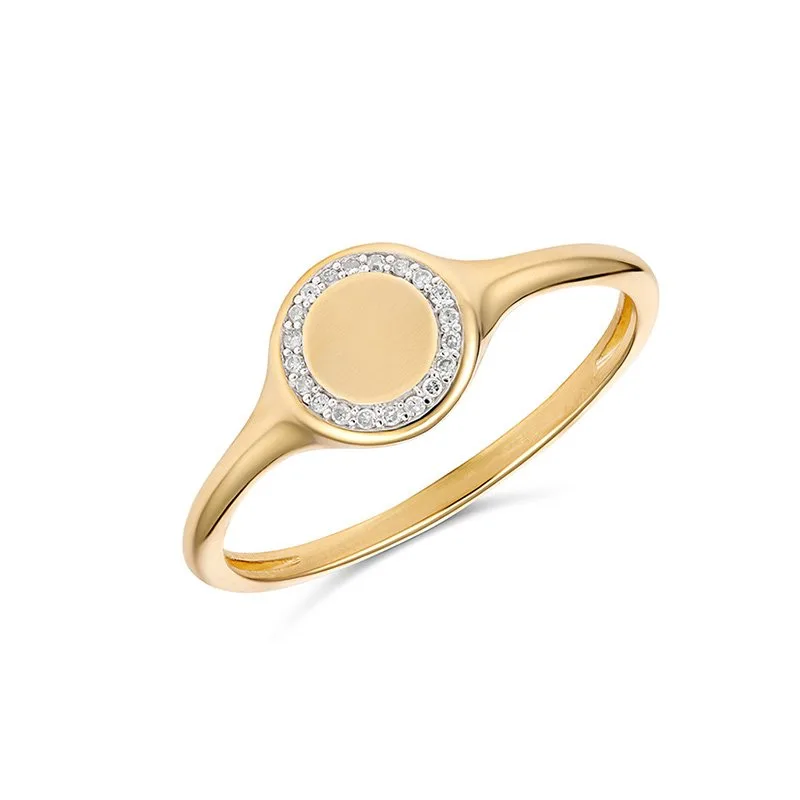 9ct Yellow Gold Diamond Set Round Signet Ring - R2011