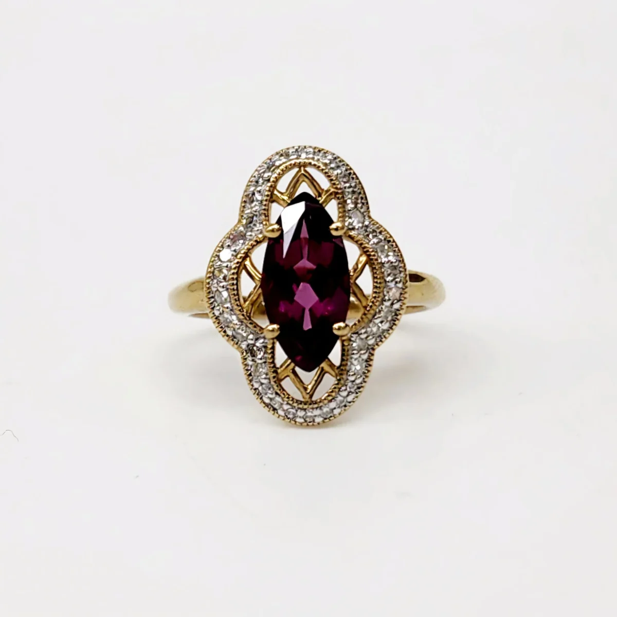 9ct Yellow Gold Dress Ring with 2.0ct Marquise Cut Purple Garnet & 0.21ct Diamonds