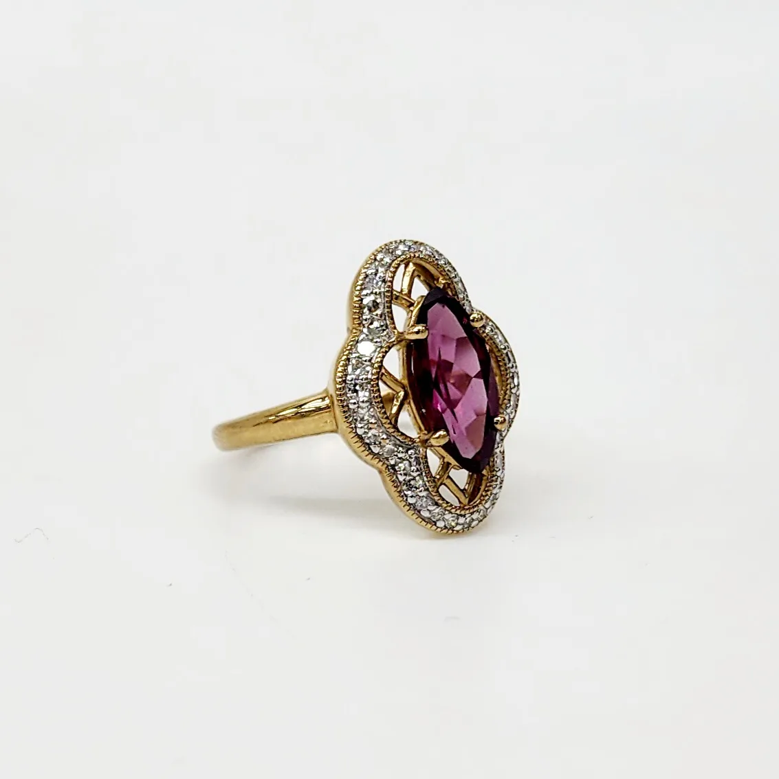 9ct Yellow Gold Dress Ring with 2.0ct Marquise Cut Purple Garnet & 0.21ct Diamonds