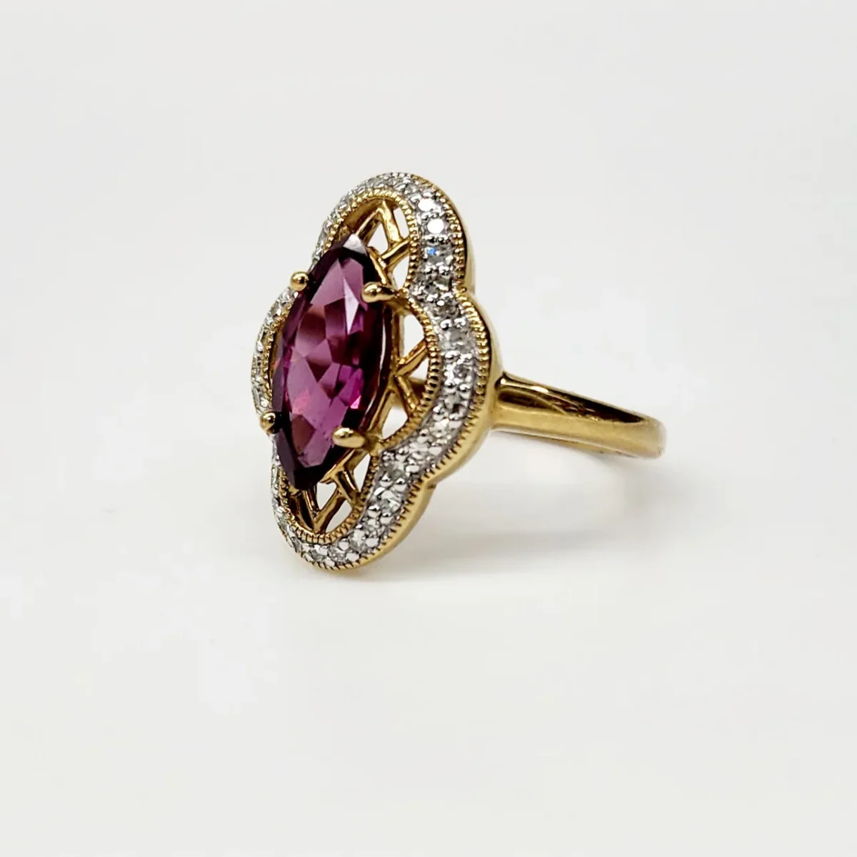 9ct Yellow Gold Dress Ring with 2.0ct Marquise Cut Purple Garnet & 0.21ct Diamonds