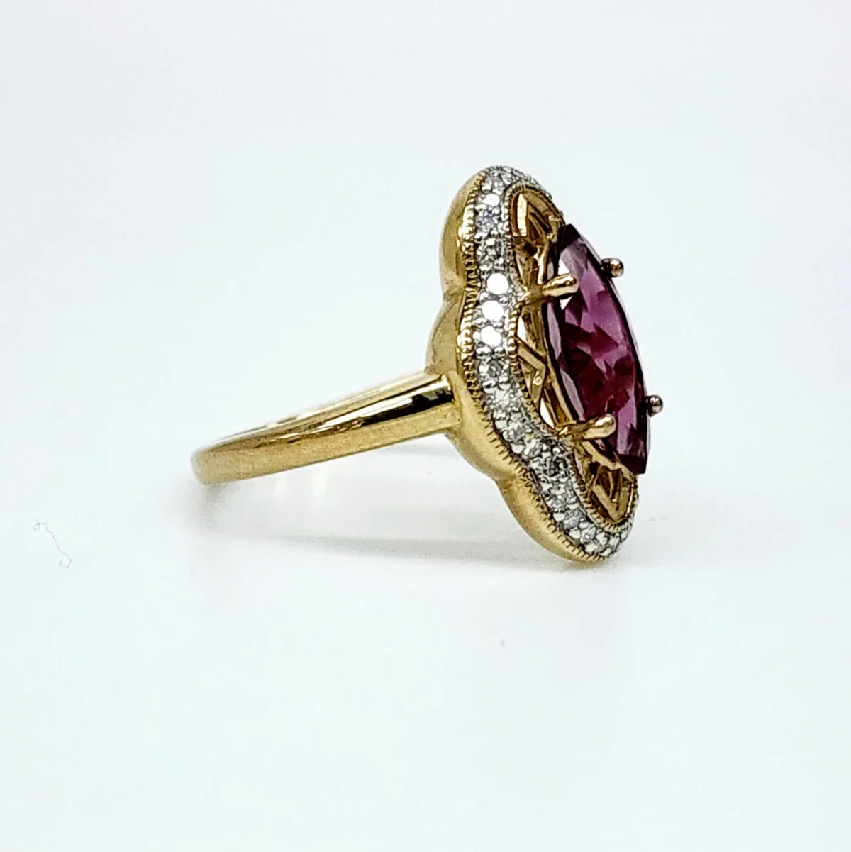 9ct Yellow Gold Dress Ring with 2.0ct Marquise Cut Purple Garnet & 0.21ct Diamonds