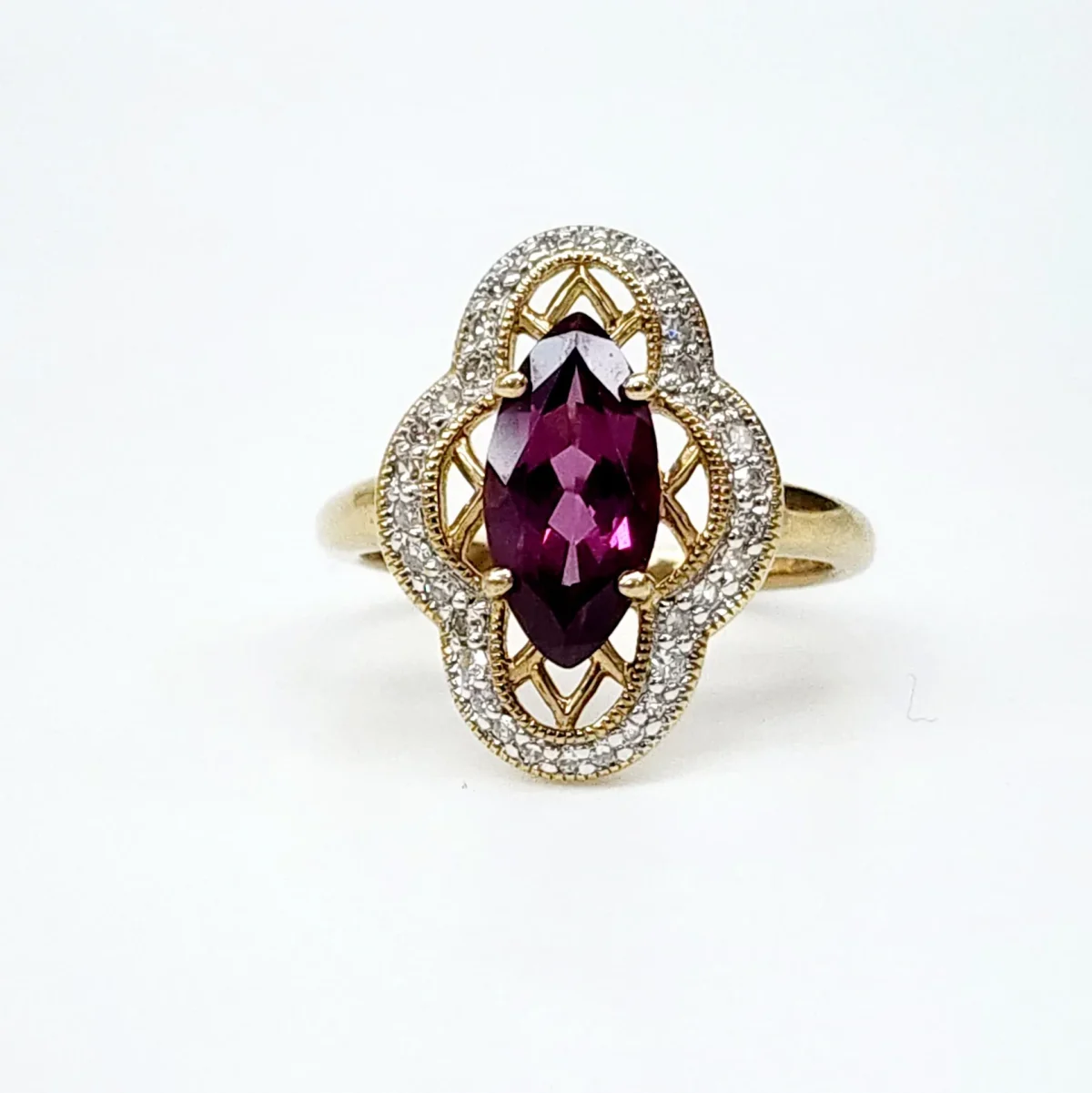 9ct Yellow Gold Dress Ring with 2.0ct Marquise Cut Purple Garnet & 0.21ct Diamonds