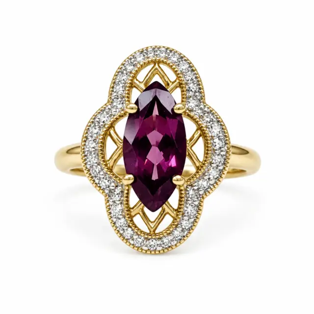 9ct Yellow Gold Dress Ring with 2.0ct Marquise Cut Purple Garnet & 0.21ct Diamonds