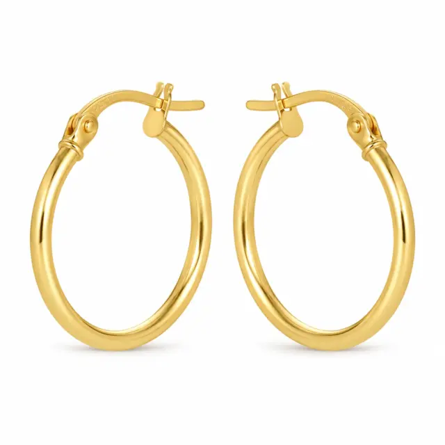 9ct Yellow Gold Eboli 1.5mm Round Tube 15mm Diameter Hoop Earrings