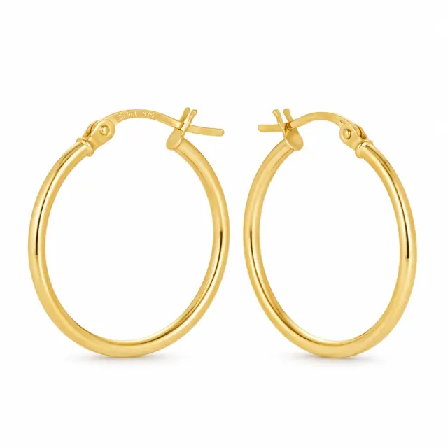 9ct Yellow Gold Eboli 1.5mm Round Tube 20mm Diameter Hoop Earrings