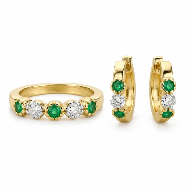 9ct Yellow Gold Emerald & Diamond Ring and Huggie Earrings Set
