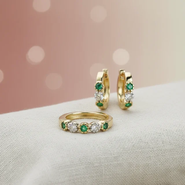 9ct Yellow Gold Emerald & Diamond Ring and Huggie Earrings Set