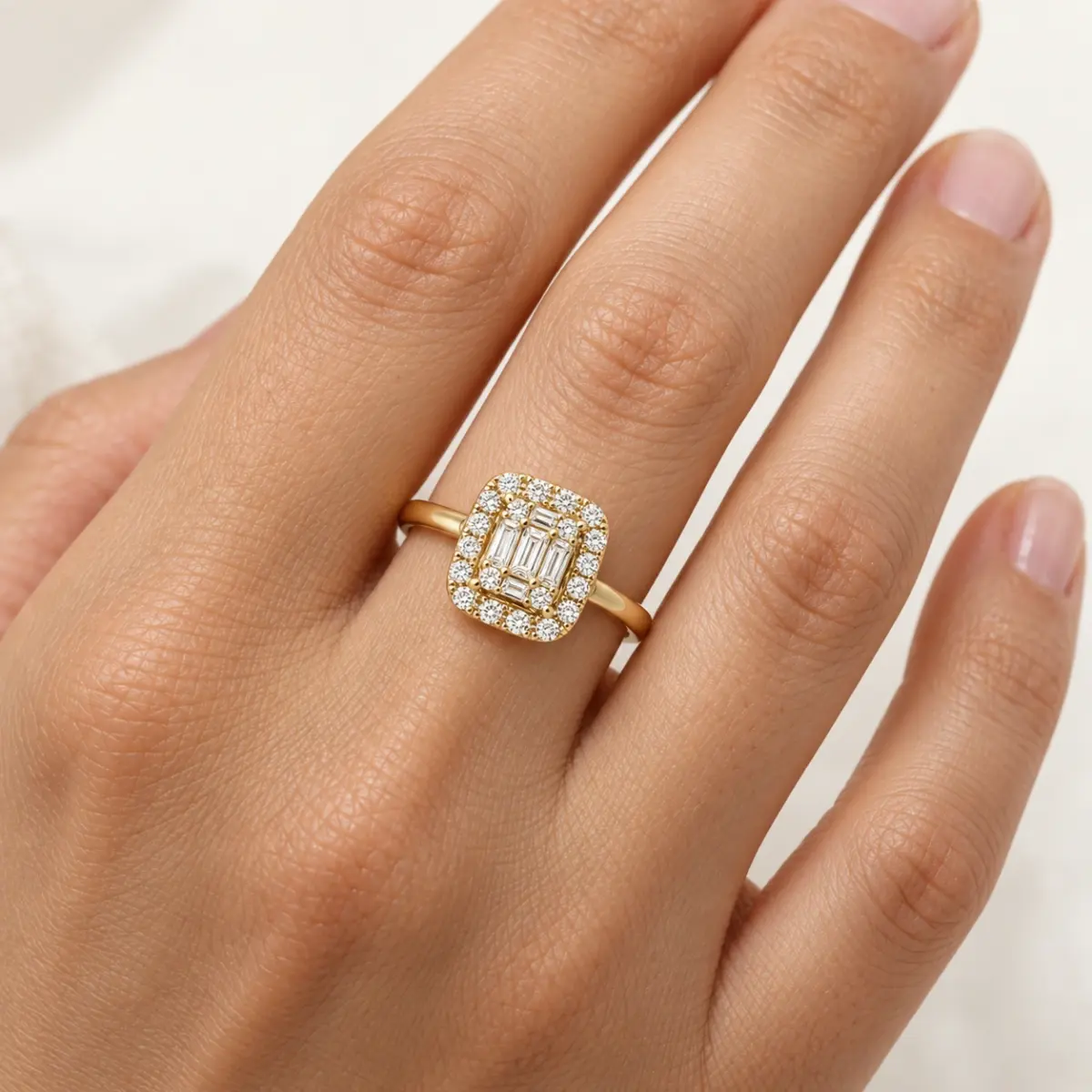 9ct Yellow Gold Emerald & Round Cut CZ Cluster Halo Ring - AUCRG723