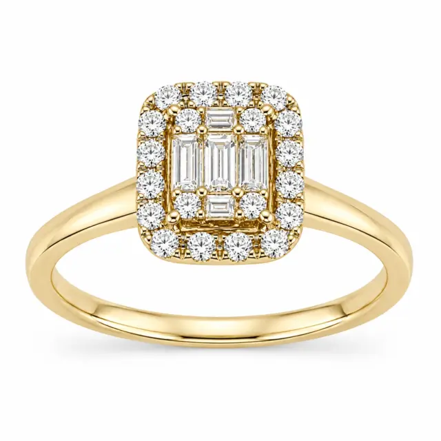 9ct Yellow Gold Emerald & Round Cut CZ Cluster Halo Ring - AUCRG723