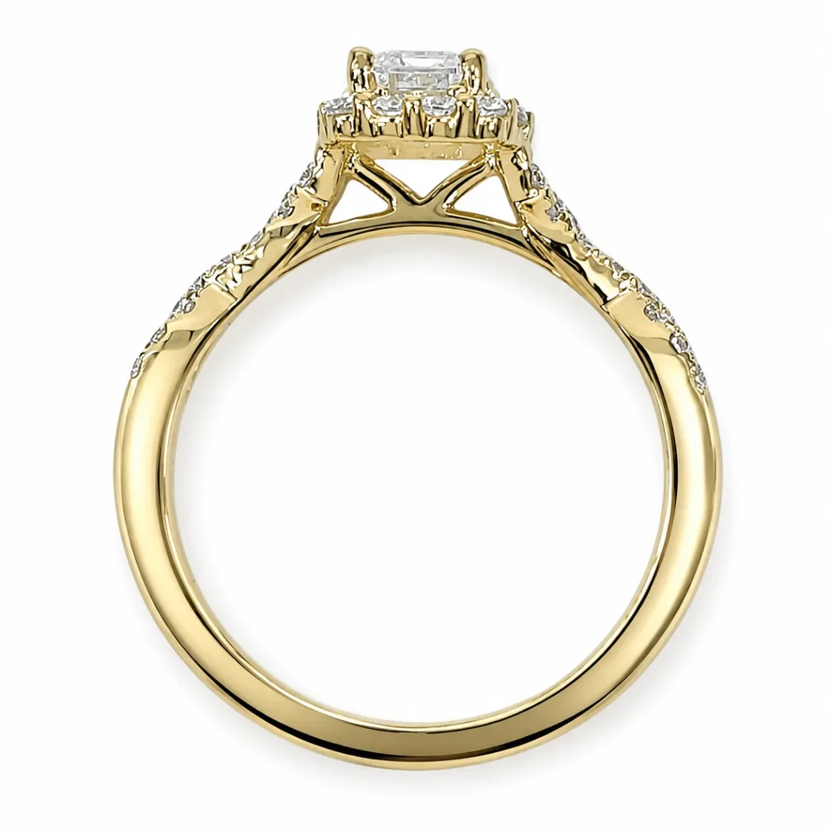 9ct Yellow Gold Emerald Cut CZ Halo Ring with Twisted Diamond-Cut Style Shoulders - AUCRG792