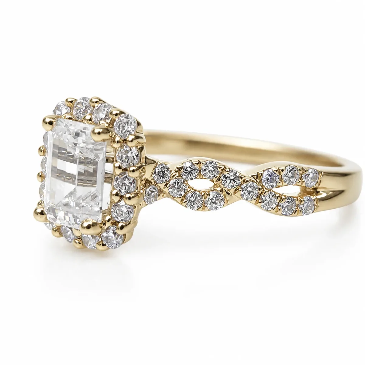 9ct Yellow Gold Emerald Cut CZ Halo Ring with Twisted Diamond-Cut Style Shoulders - AUCRG792