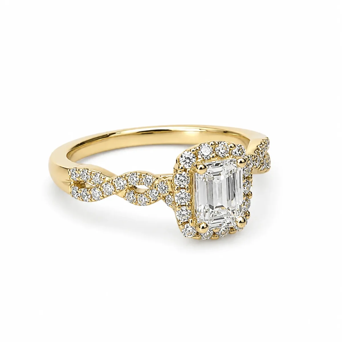 9ct Yellow Gold Emerald Cut CZ Halo Ring with Twisted Diamond-Cut Style Shoulders - AUCRG792