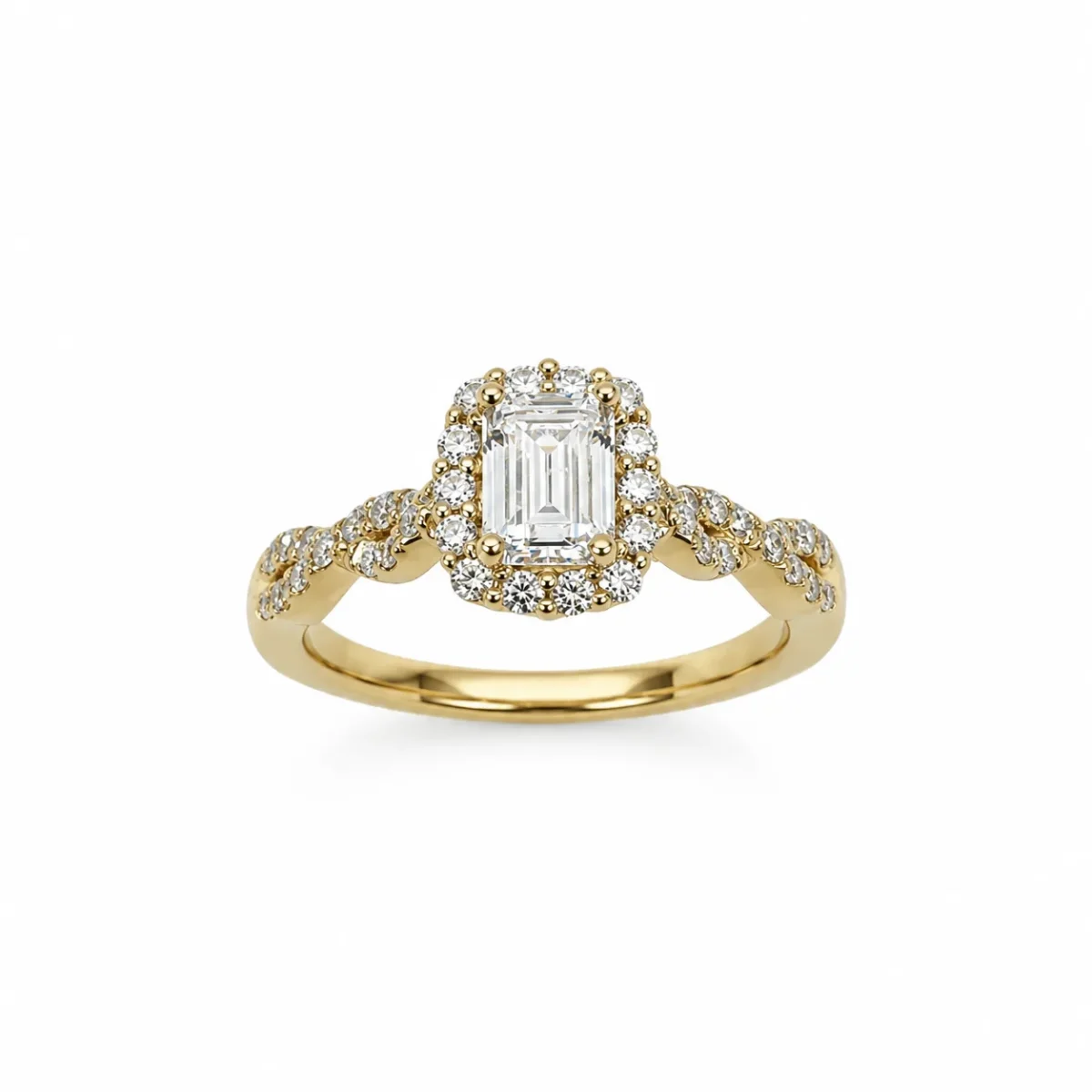 9ct Yellow Gold Emerald Cut CZ Halo Ring with Twisted Diamond-Cut Style Shoulders - AUCRG792