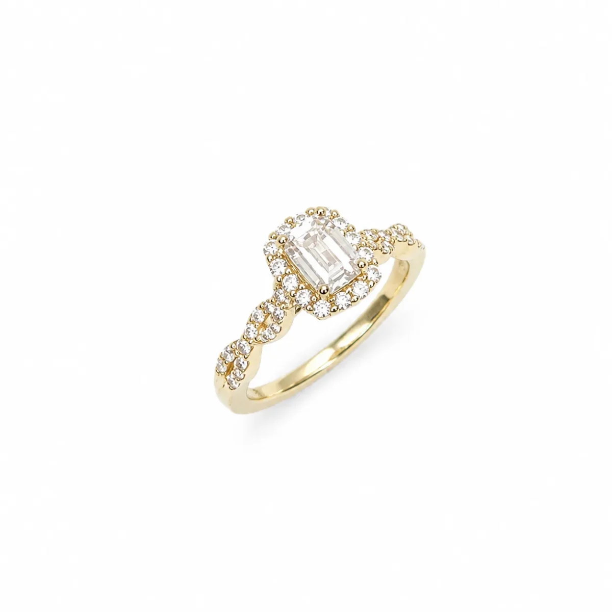 9ct Yellow Gold Emerald Cut CZ Halo Ring with Twisted Diamond-Cut Style Shoulders - AUCRG792