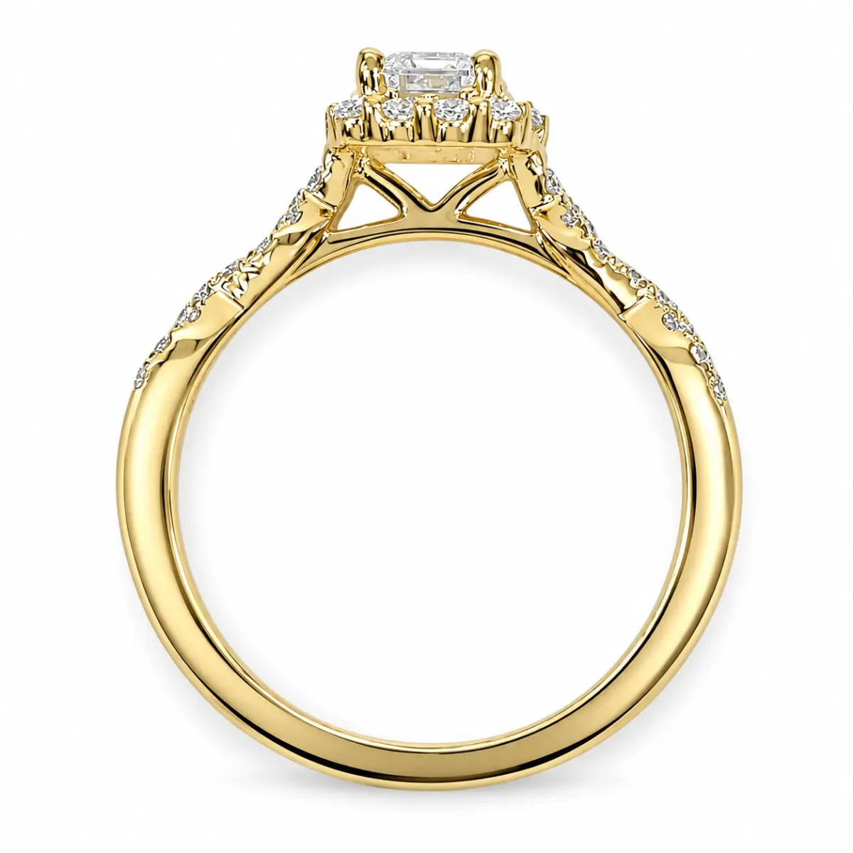 9ct Yellow Gold Emerald Cut CZ Halo Ring with Twisted Diamond-Cut Style Shoulders - AUCRG792