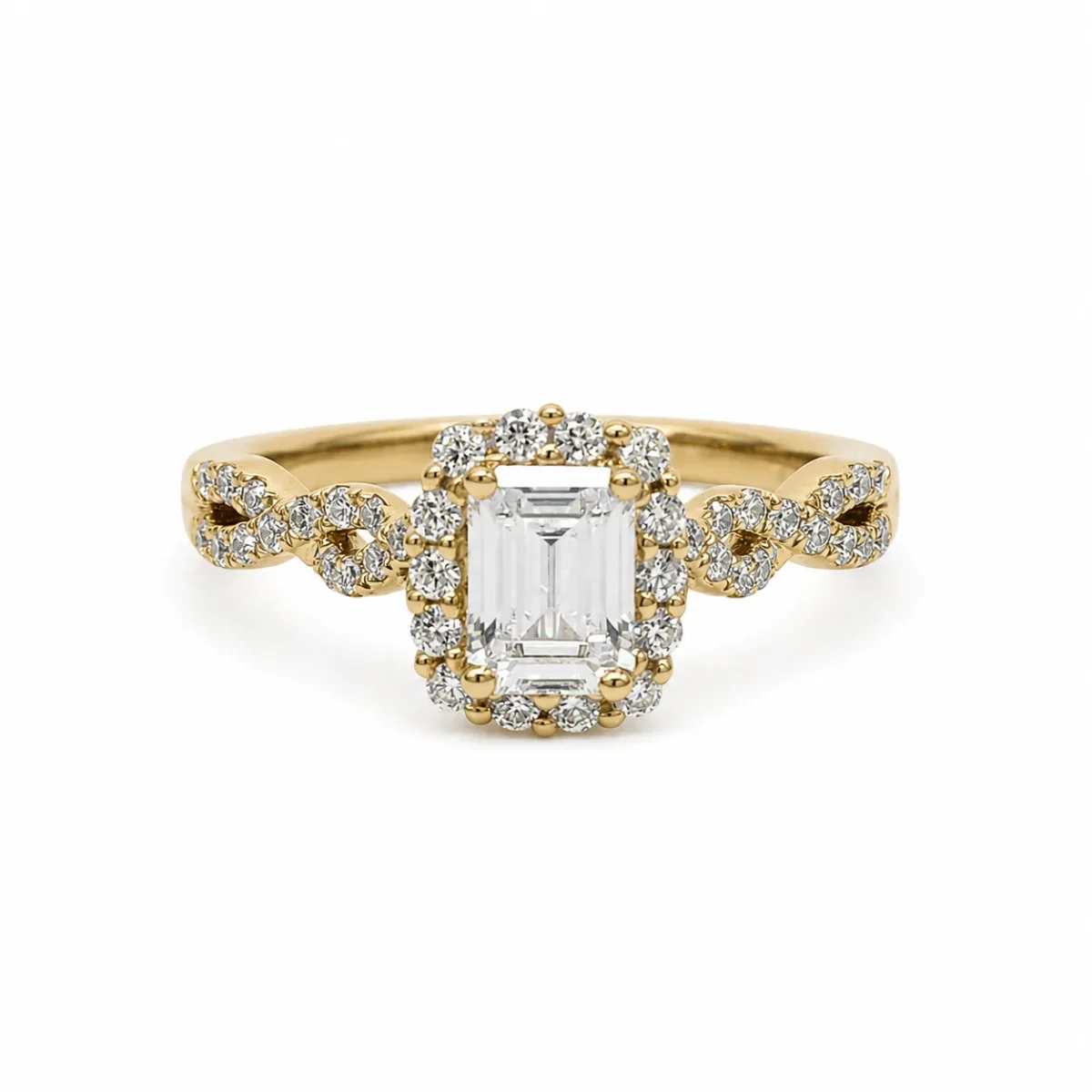 9ct Yellow Gold Emerald Cut CZ Halo Ring with Twisted Diamond-Cut Style Shoulders - AUCRG792