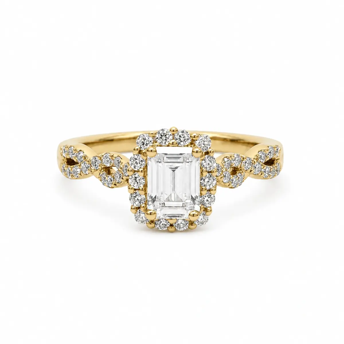 9ct Yellow Gold Emerald Cut CZ Halo Ring with Twisted Diamond-Cut Style Shoulders - AUCRG792