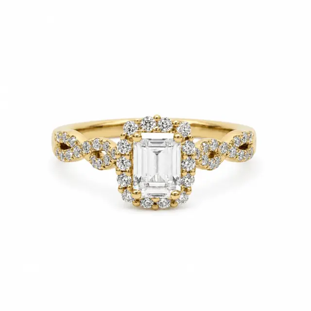 9ct Yellow Gold Emerald Cut CZ Halo Ring with Twisted Diamond-Cut Style Shoulders - AUCRG792