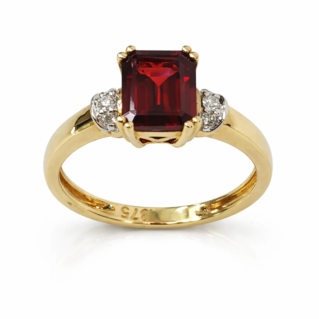 9ct Yellow Gold Emerald Cut Garnet & Diamond Ring - 9CTDA35