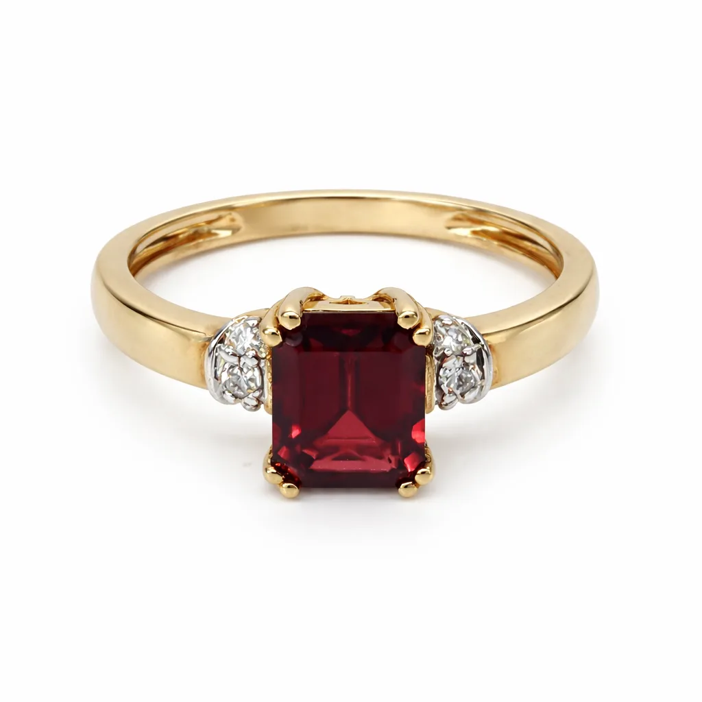 9ct Yellow Gold Emerald Cut Garnet & Diamond Ring - 9CTDA35