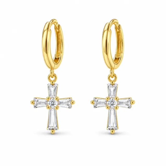 9ct Yellow Gold Fancy CZ Cross on Plain Huggie