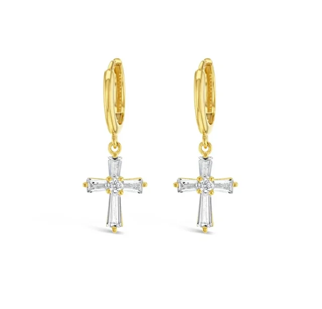 9ct Yellow Gold Fancy CZ Cross on Plain Huggie