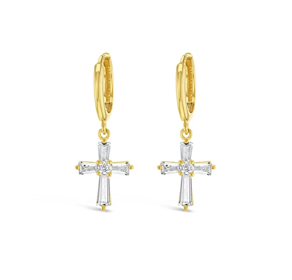 9ct Yellow Gold Fancy CZ Cross on Plain Huggie