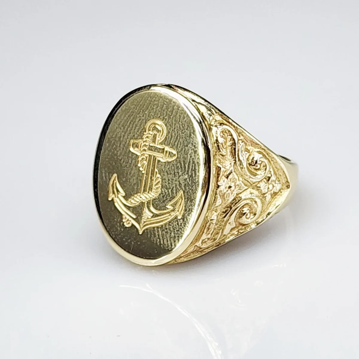 9ct Yellow Gold Gents Oval Signet Ring 22mmx16mm Engraved Anchor & Rope Design - 9YP13