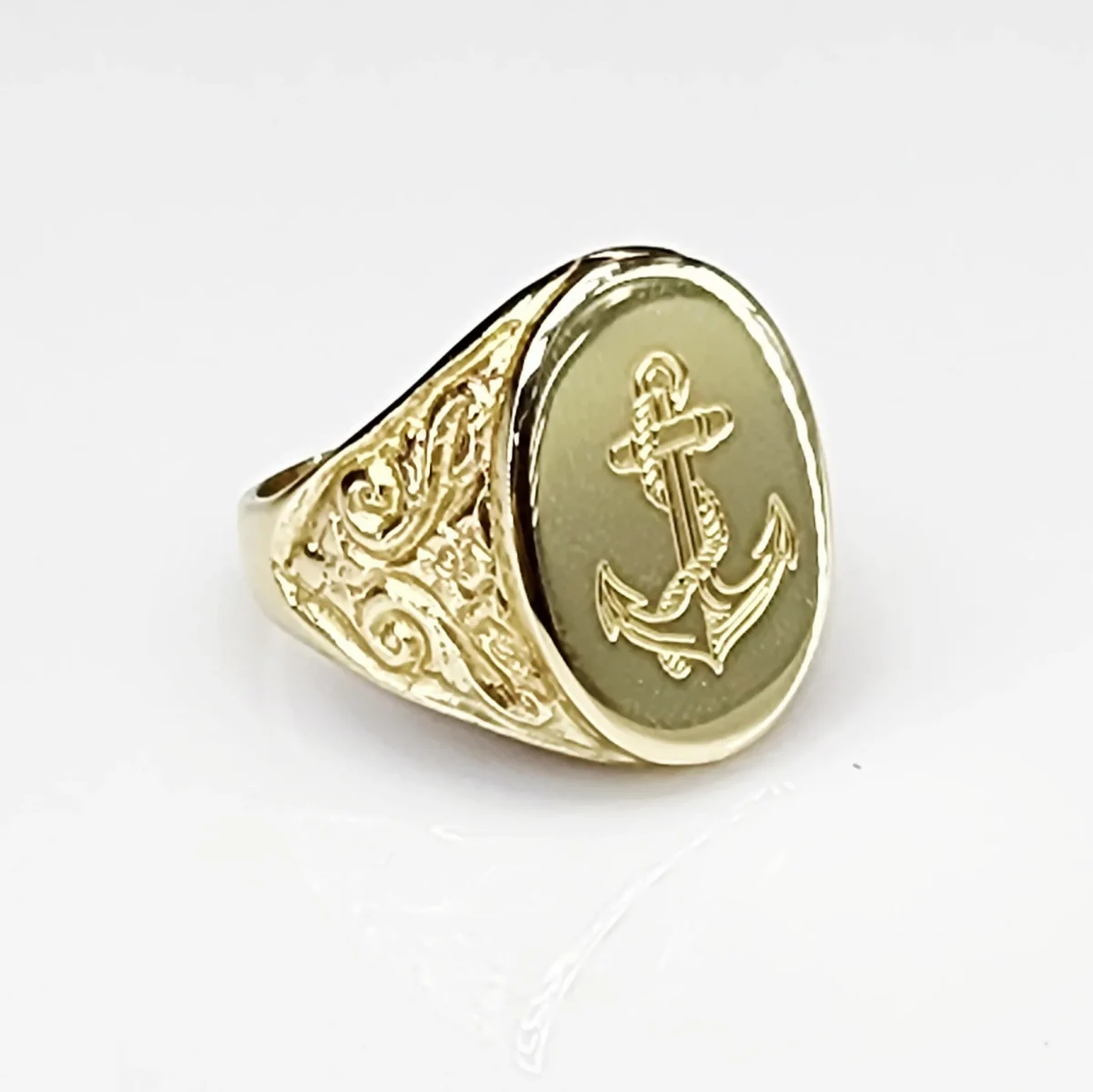 9ct Yellow Gold Gents Oval Signet Ring 22mmx16mm Engraved Anchor & Rope Design - 9YP13