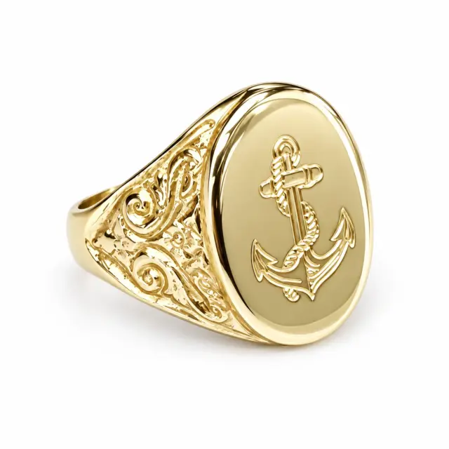 9ct Yellow Gold Gents Oval Signet Ring 22mmx16mm Engraved Anchor & Rope Design - 9YP13