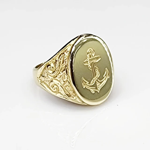 9ct Yellow Gold Gents Oval Signet Ring 22mmx16mm Engraved Anchor & Rope Design - 9YP13
