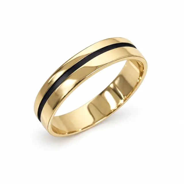 9ct Yellow Gold Gents Ring,  Black Centre Inlay, 5mm Wide, Size Z+2 - FR3834/5