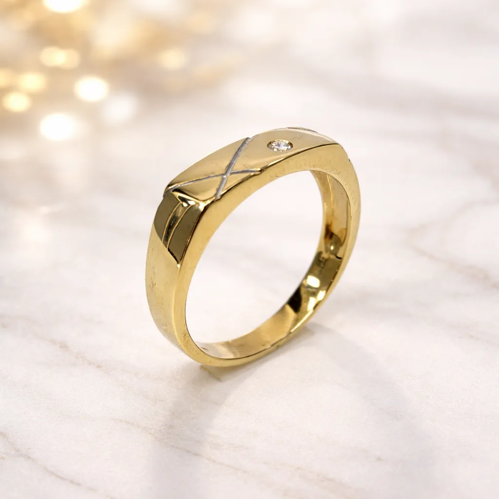 9ct Yellow Gold Gents Ring with Round Cut CZ – 5.60mm Classic Pattern Design - 9CTD4332