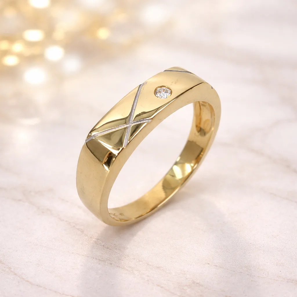 9ct Yellow Gold Gents Ring with Round Cut CZ – 5.60mm Classic Pattern Design - 9CTD4332