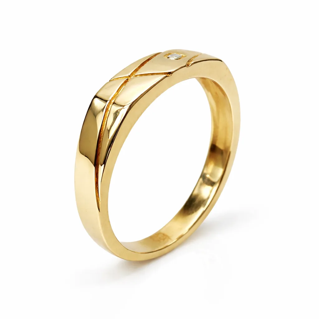 9ct Yellow Gold Gents Ring with Round Cut CZ – 5.60mm Faceted Pattern Band - 9CTD4334