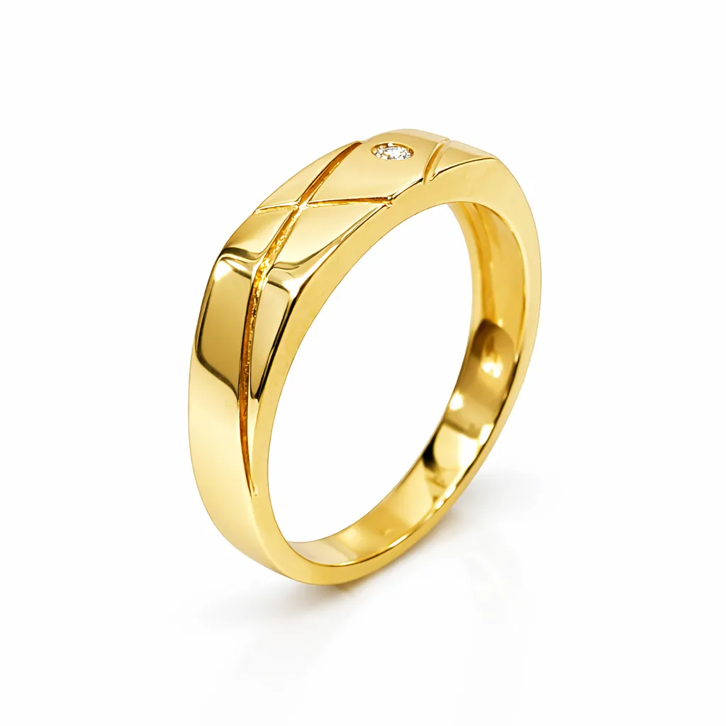 9ct Yellow Gold Gents Ring with Round Cut CZ – 5.60mm Faceted Pattern Band - 9CTD4334