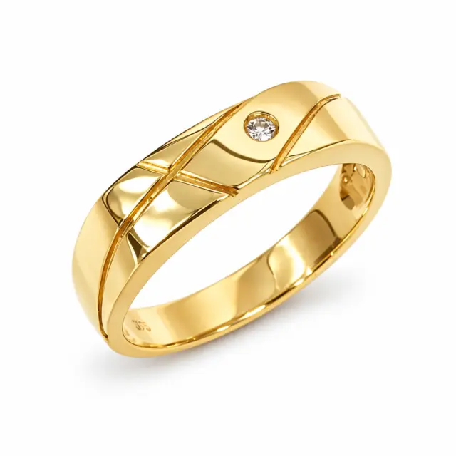 9ct Yellow Gold Gents Ring with Round Cut CZ – 5.60mm Faceted Pattern Band - 9CTD4334