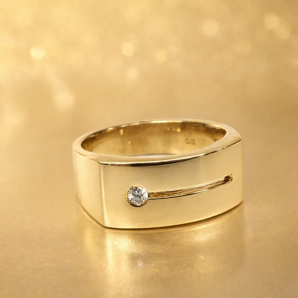 9ct Yellow Gold Gents Ring with Round Cut CZ – Tapered 9.20mm to 5.20mm Band - 9CTD4220