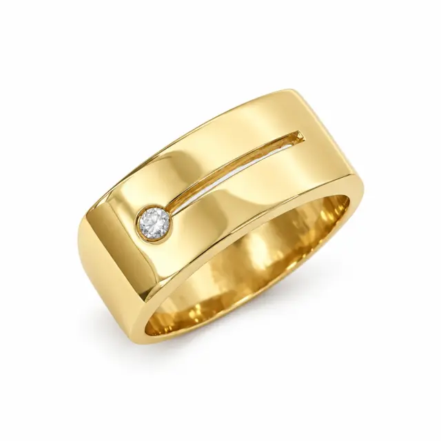 9ct Yellow Gold Gents Ring with Round Cut CZ – Tapered 9.20mm to 5.20mm Band - 9CTD4220