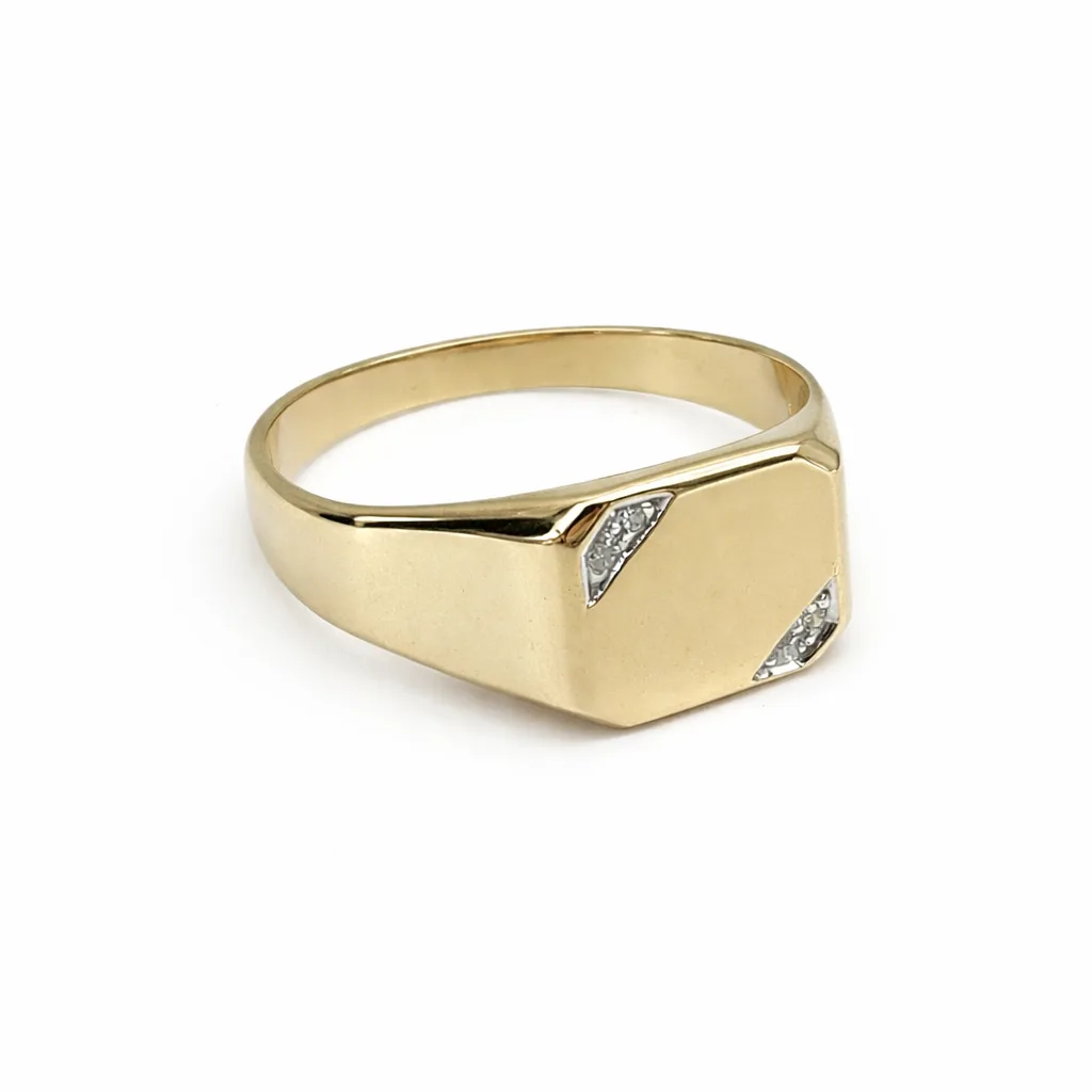 9ct Yellow Gold Gents Signet Ring with 0.02ct Natural Diamond 4 Claw Set, 10.90 x 11.50mm Top - 9YGD2154