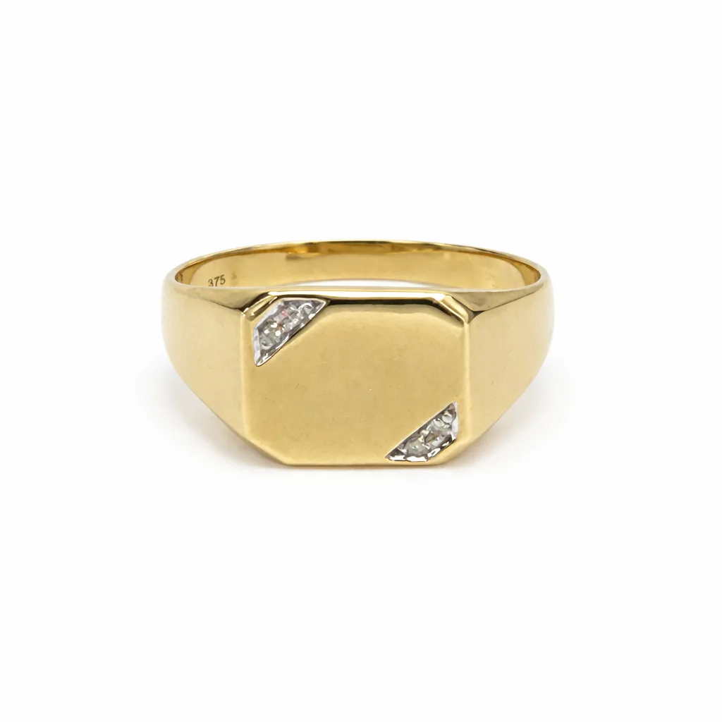 9ct Yellow Gold Gents Signet Ring with 0.02ct Natural Diamond 4 Claw Set, 10.90 x 11.50mm Top - 9YGD2154