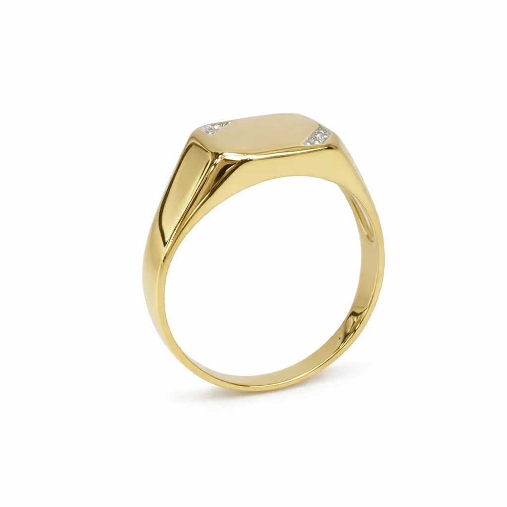 9ct Yellow Gold Gents Signet Ring with 0.02ct Natural Diamond 4 Claw Set, 10.90 x 11.50mm Top - 9YGD2154