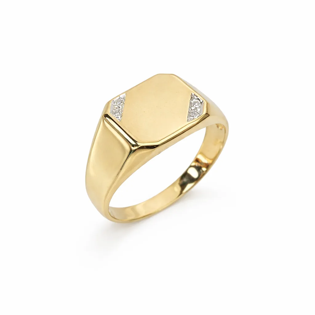 9ct Yellow Gold Gents Signet Ring with 0.02ct Natural Diamond 4 Claw Set, 10.90 x 11.50mm Top - 9YGD2154