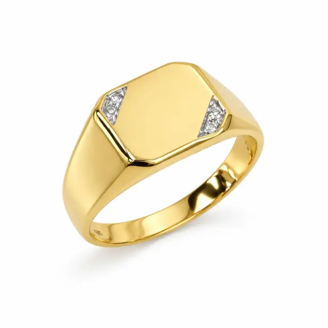 9ct Yellow Gold Gents Signet Ring with 0.02ct Natural Diamond 4 Claw Set, 10.90 x 11.50mm Top - 9YGD2154