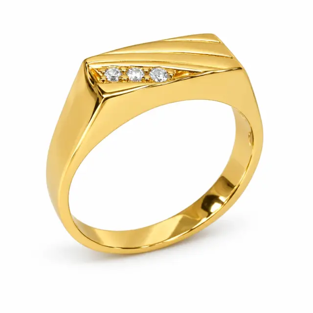 9ct Yellow Gold Gents Signet Ring with 3 Claw-Set Diamonds 0.06ct - 9YGD854