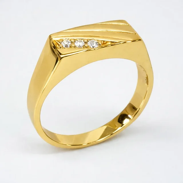 9ct Yellow Gold Gents Signet Ring with 3 Claw-Set Diamonds 0.06ct - 9YGD854