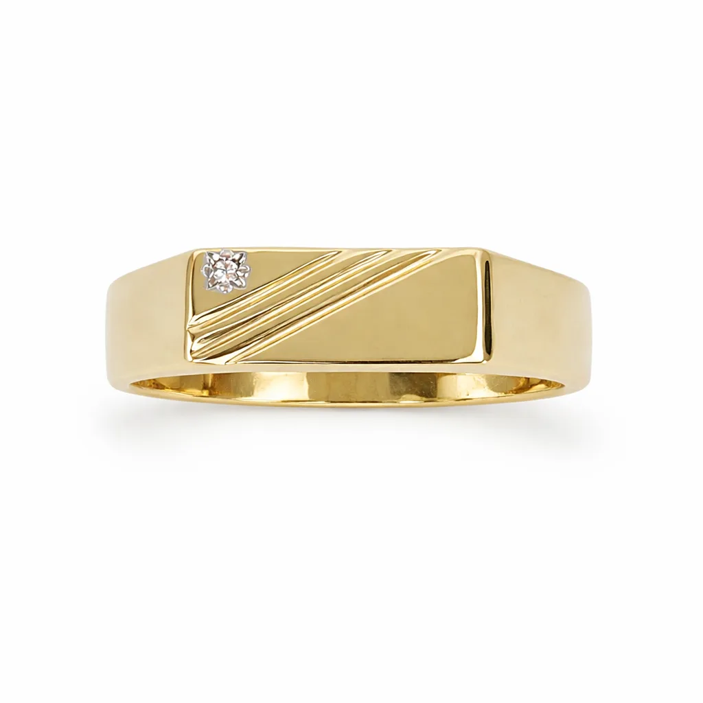 9ct Yellow Gold Gents Signet Ring with 4-Claw Set Diamond 14.35 x 6.30mm Top - 9YGD9471