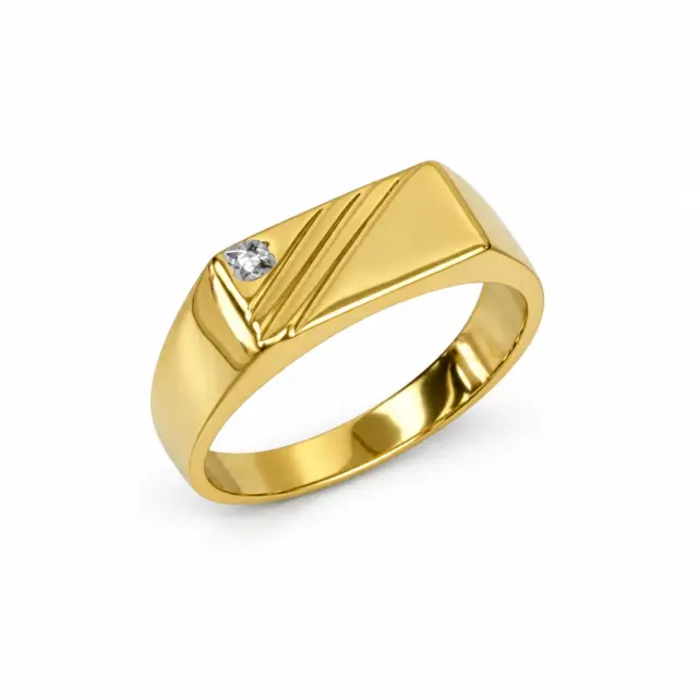 9ct Yellow Gold Gents Signet Ring with 4-Claw Set Diamond 14.35 x 6.30mm Top - 9YGD9471