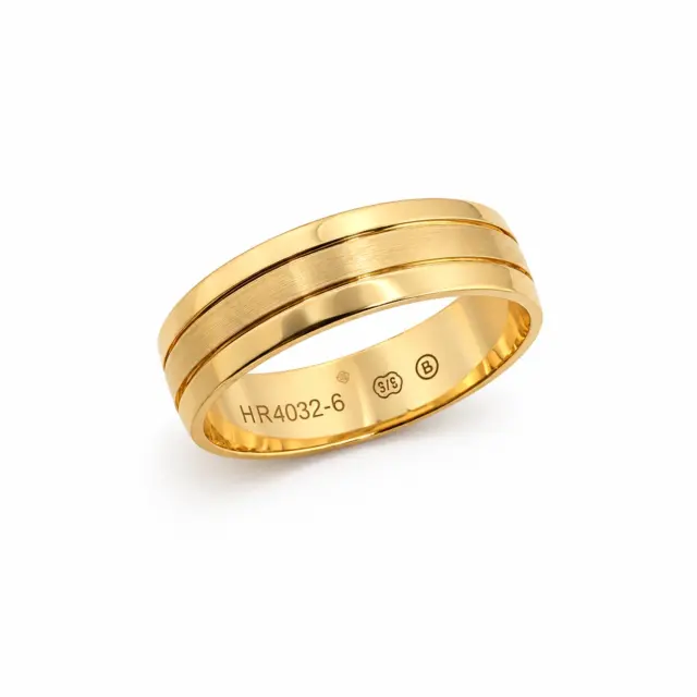 9ct Yellow Gold Gents Wedding Ring – 6mm Half Round with Brushed Centre & Polished Rails - HR4032/6
