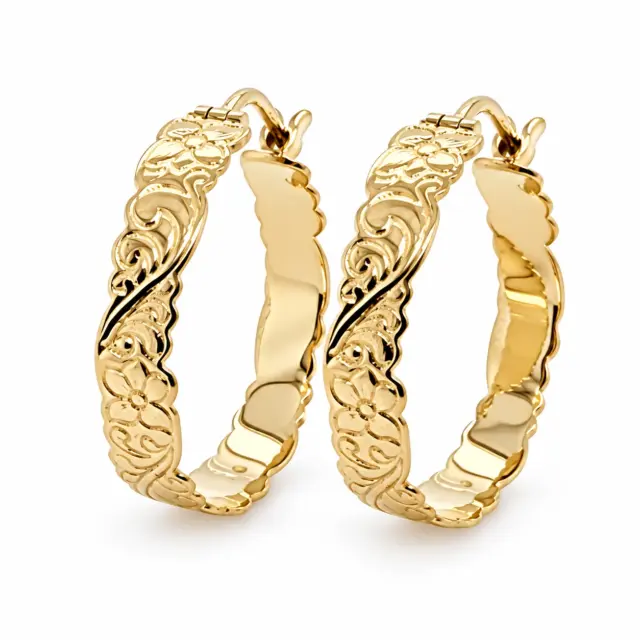 9ct Yellow Gold Hawaiian Design 22mm Hoop Earrings - D9030